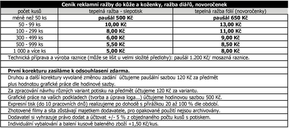 9,00 Kč 8,50 Kč 8,00 Kč Technická příprava a výroba raznice (může se lišit u velmi složité předlohy): paušál 1.200 Kč/ mosazná raznice.