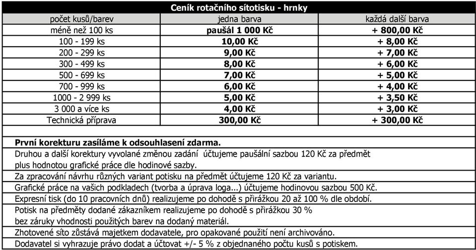 4,00 Kč + 3,00 Kč Technická příprava 300,00 Kč + 300,00 Kč Potisk na předměty dodané zákazníkem realizujeme po dohodě s přirážkou 30 %