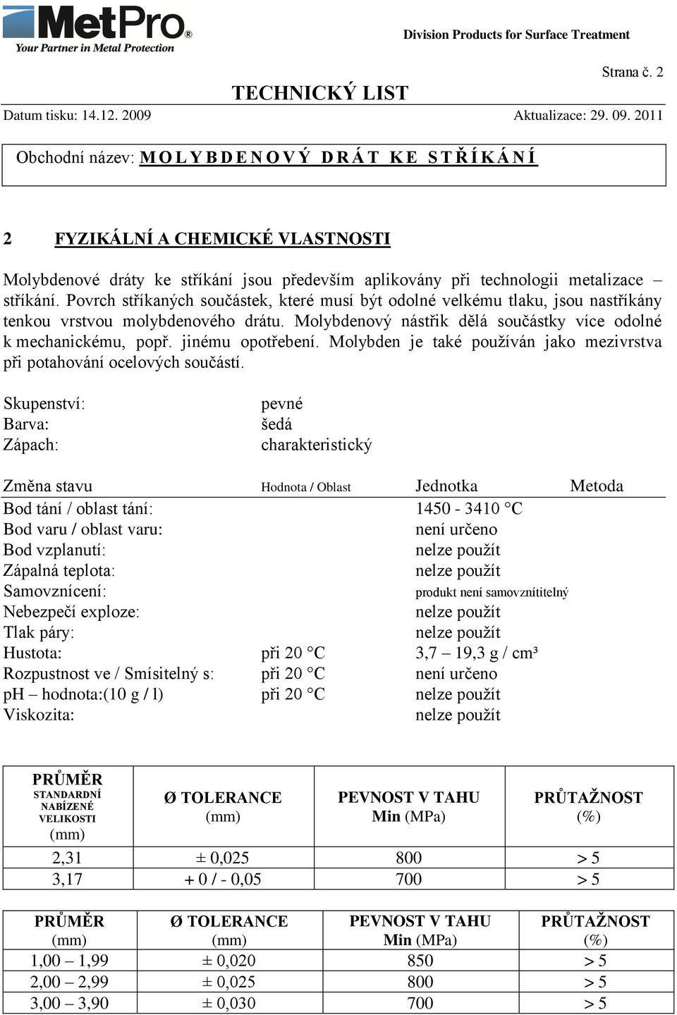 jinému opotřebení. Molybden je také používán jako mezivrstva při potahování ocelových součástí.