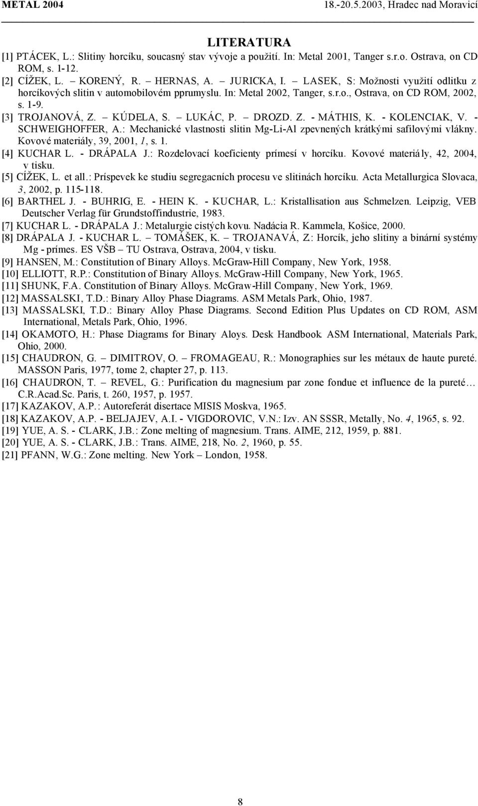 - KOLENCIAK, V. - SCHWEIGHOFFER, A.: Mechanické vlastnosti slitin Mg-Li-Al zpevnených krátkými safilovými vlákny. Kovové materiály, 39, 2001, 1, s. 1. [4] KUCHAR L. - DRÁPALA J.