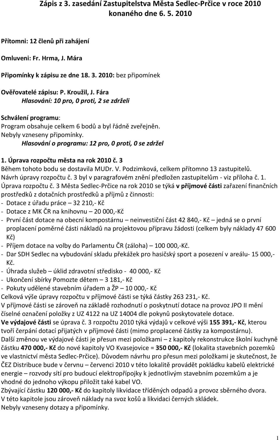 Hlasování o programu: 12 pro, 0 proti, 0 se zdržel 1. Úprava rozpočtu města na rok 2010 č. 3 Během tohoto bodu se dostavila MUDr. V. Podzimková, celkem přítomno 13 zastupitelů.