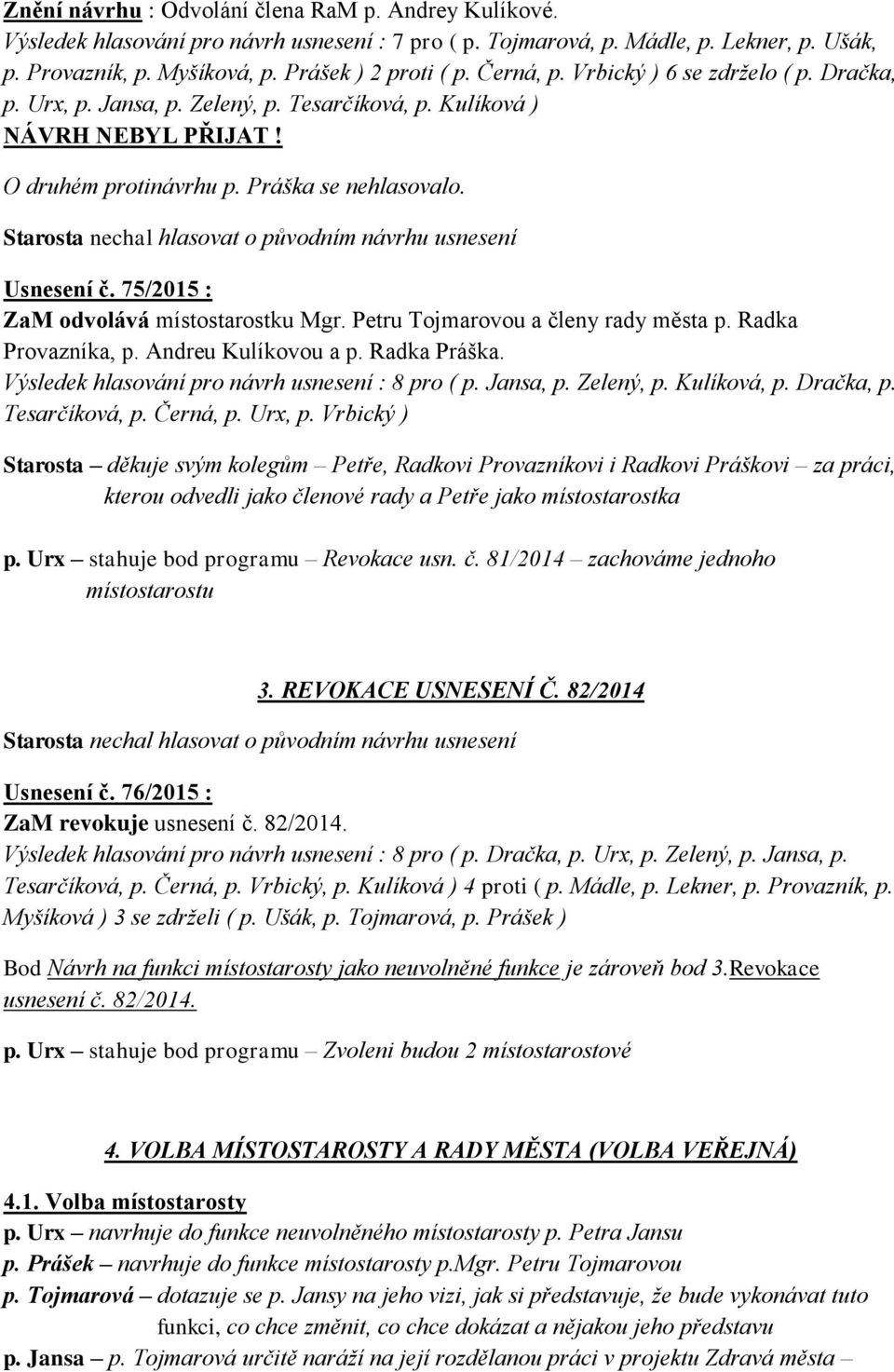 Starosta nechal hlasovat o původním návrhu usnesení Usnesení č. 75/2015 : ZaM odvolává místostarostku Mgr. Petru Tojmarovou a členy rady města p. Radka Provazníka, p. Andreu Kulíkovou a p.