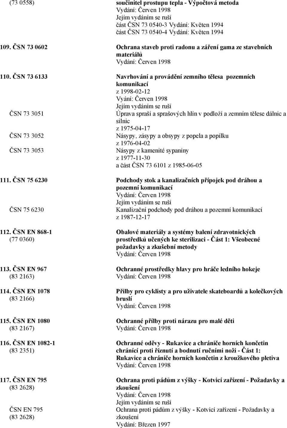 ČSN 73 6133 Navrhování a provádění zemního tělesa pozemních komunikací z 1998-02-12 Vyání: Červen 1998 ČSN 73 3051 Úprava spraší a sprašových hlín v podloží a zemním tělese dálnic a silnic z