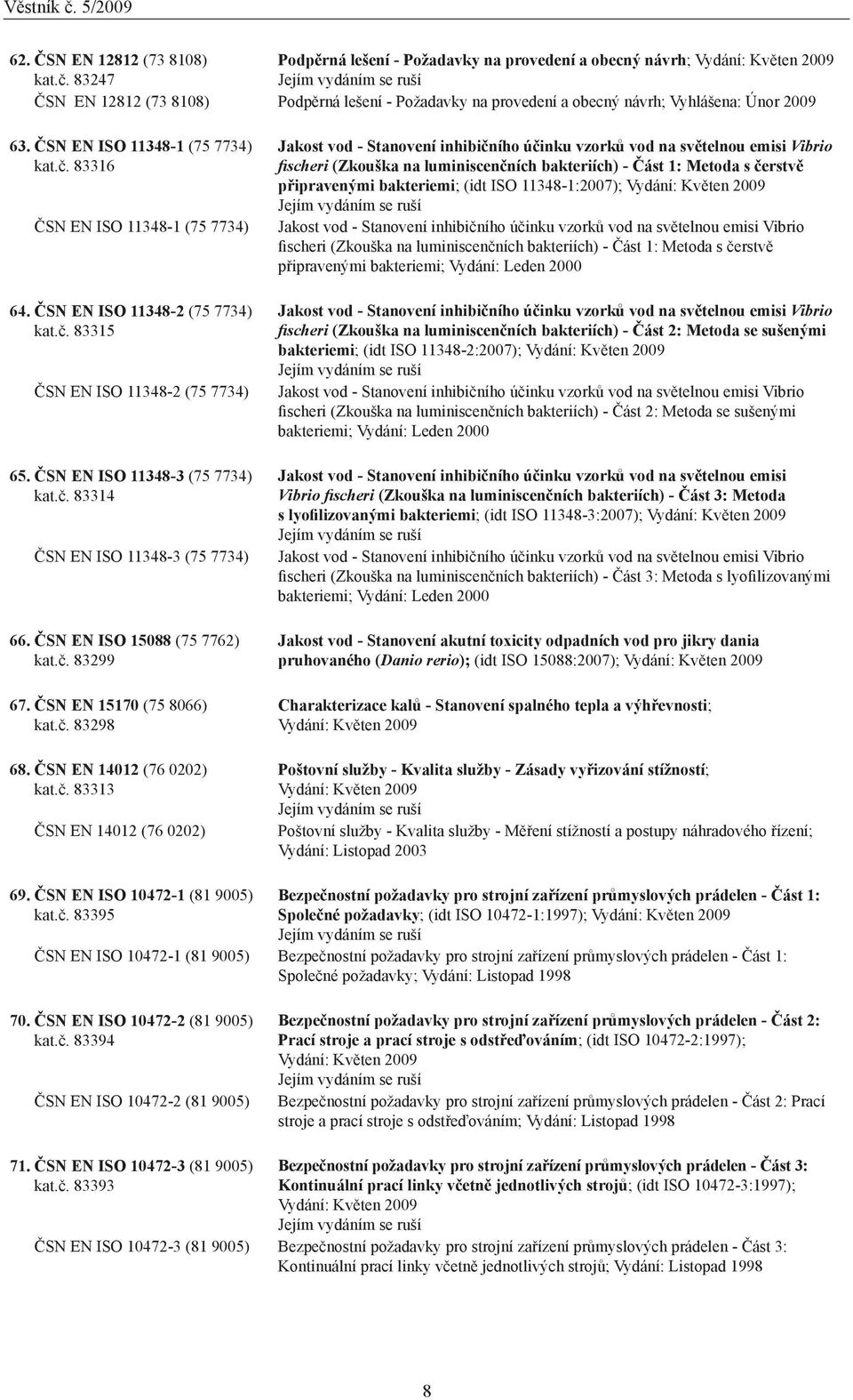 ČSN EN ISO 11348-2 (75 7734) kat.č. 83315 ČSN EN ISO 11348-2 (75 7734) 65. ČSN EN ISO 11348-3 (75 7734) kat.č. 83314 ČSN EN ISO 11348-3 (75 7734) 66. ČSN EN ISO 15088 (75 7762) kat.č. 83299 67.