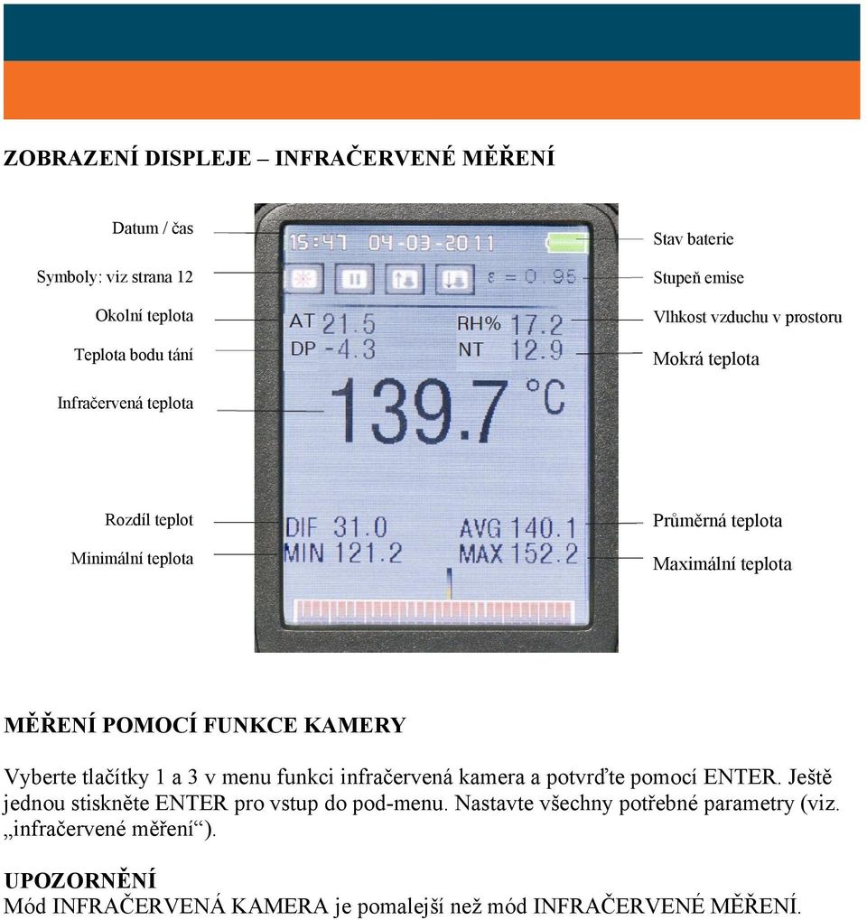 KAMERY Vyberte tlačítky 1 a 3 v menu funkci infračervená kamera a potvrďte pomocí ENTER. Ještě jednou stiskněte ENTER pro vstup do pod-menu.