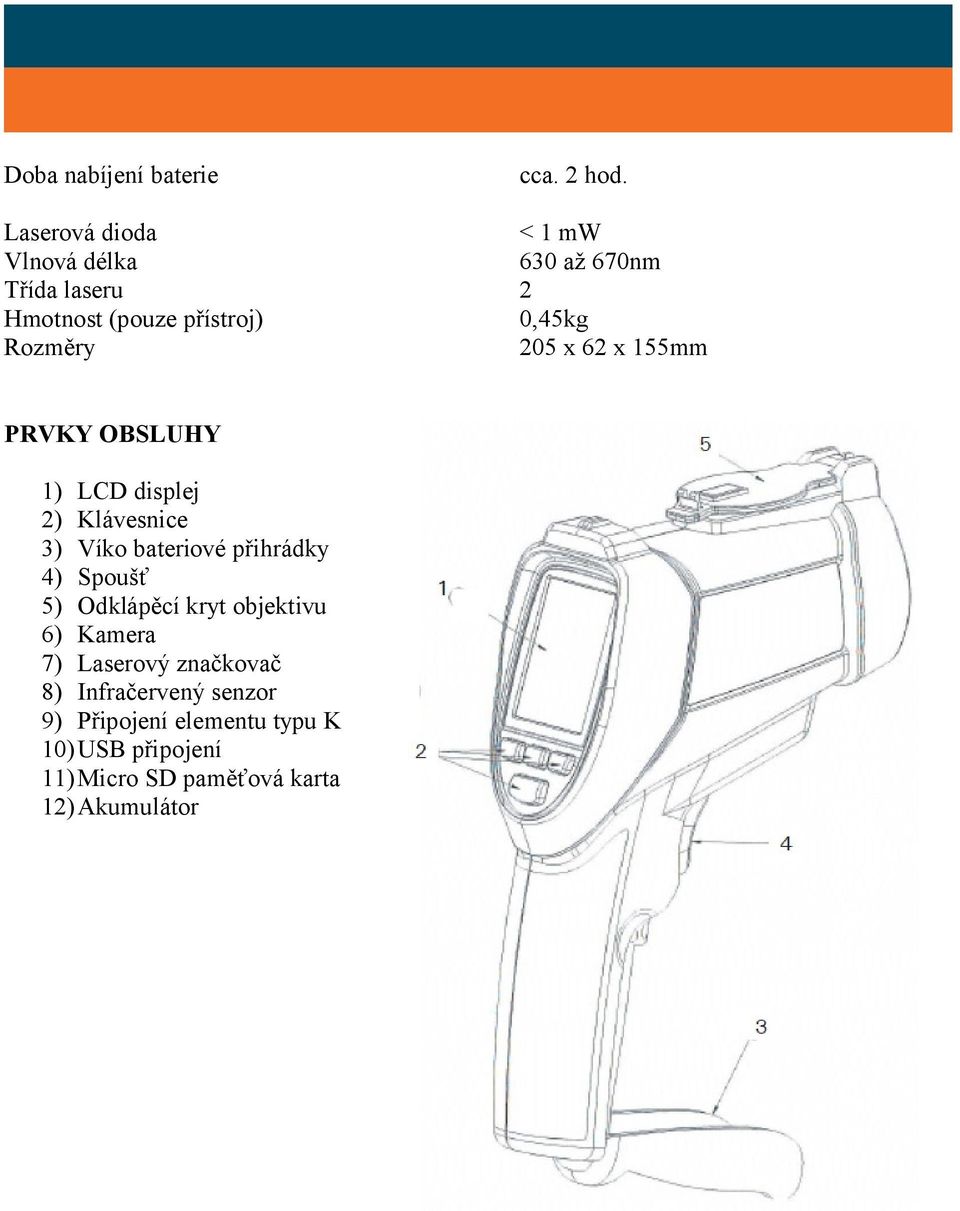 Rozměry 205 x 62 x 155mm PRVKY OBSLUHY 1) LCD displej 2) Klávesnice 3) Víko bateriové přihrádky 4)