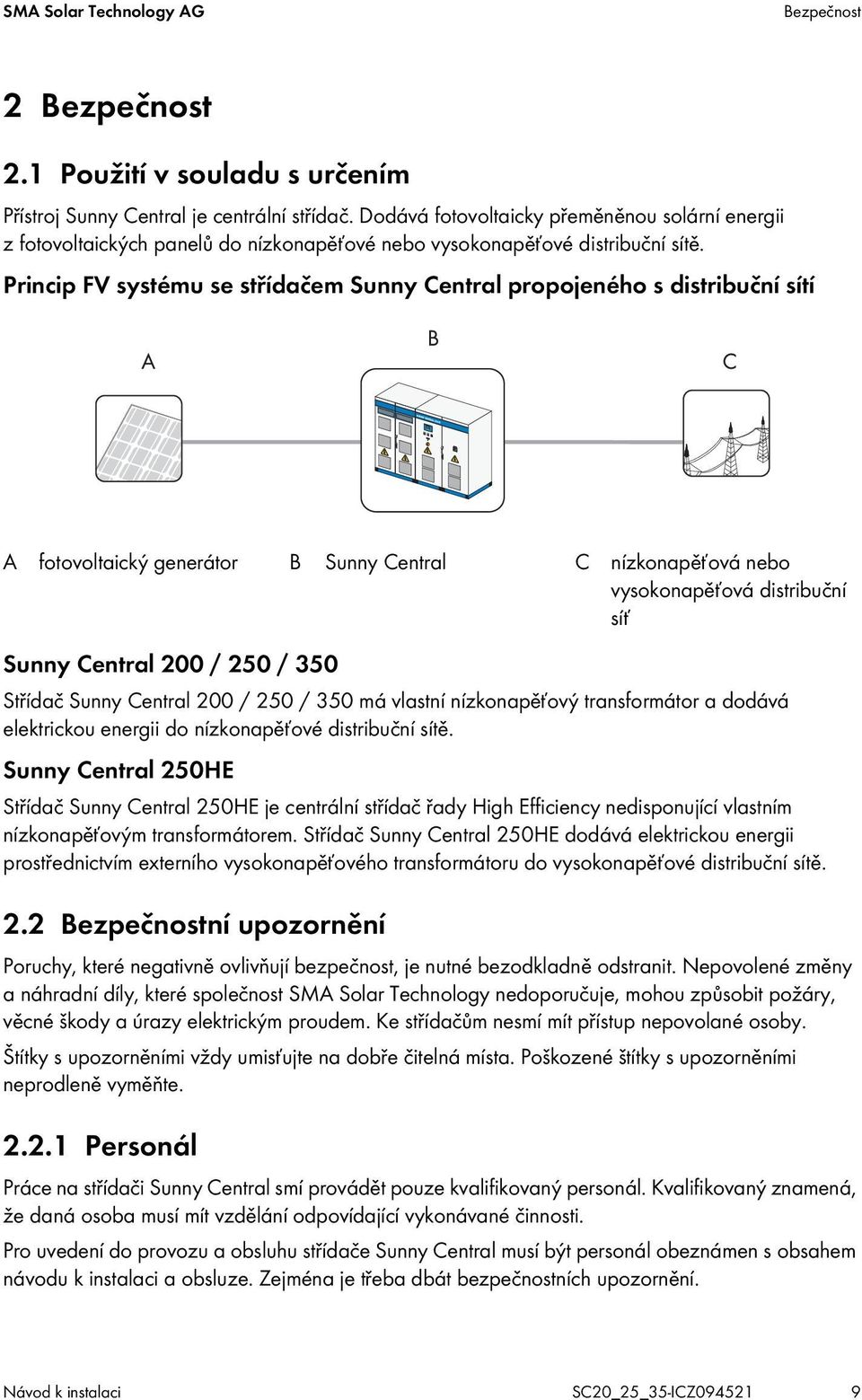Princip FV systému se střídačem Sunny Central propojeného s distribuční sítí A fotovoltaický generátor B Sunny Central C nízkonapěťová nebo vysokonapěťová distribuční síť Sunny Central 200 / 250 /