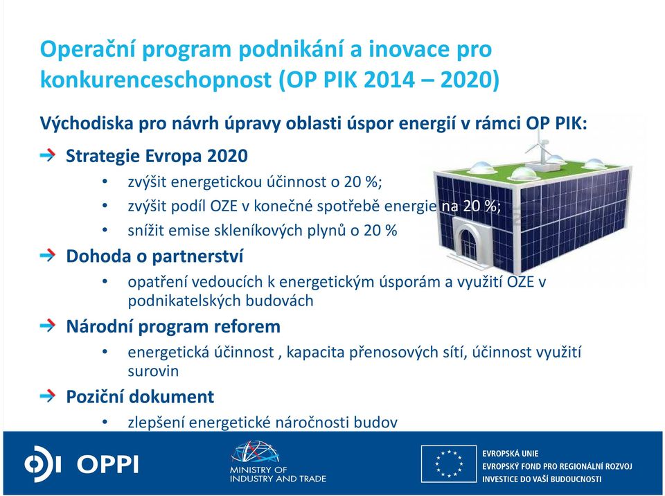 skleníkových plynů o 20 % Dohoda o partnerství opatření vedoucích k energetickým úsporám a využití OZE v podnikatelských budovách Národní