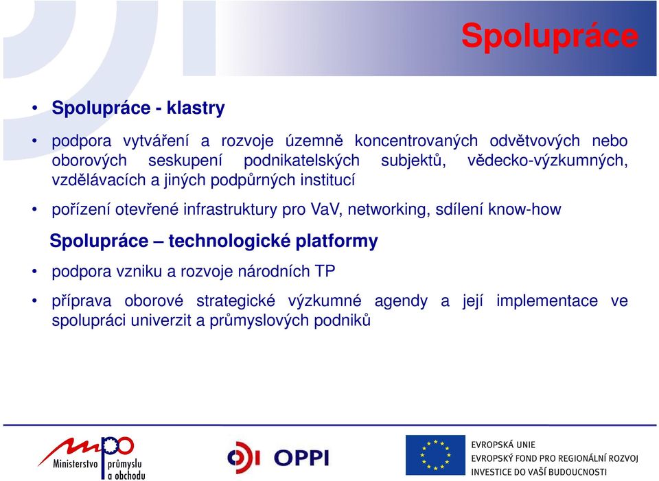 otevřené infrastruktury pro VaV, networking, sdílení know-how Spolupráce technologické platformy podpora vzniku a