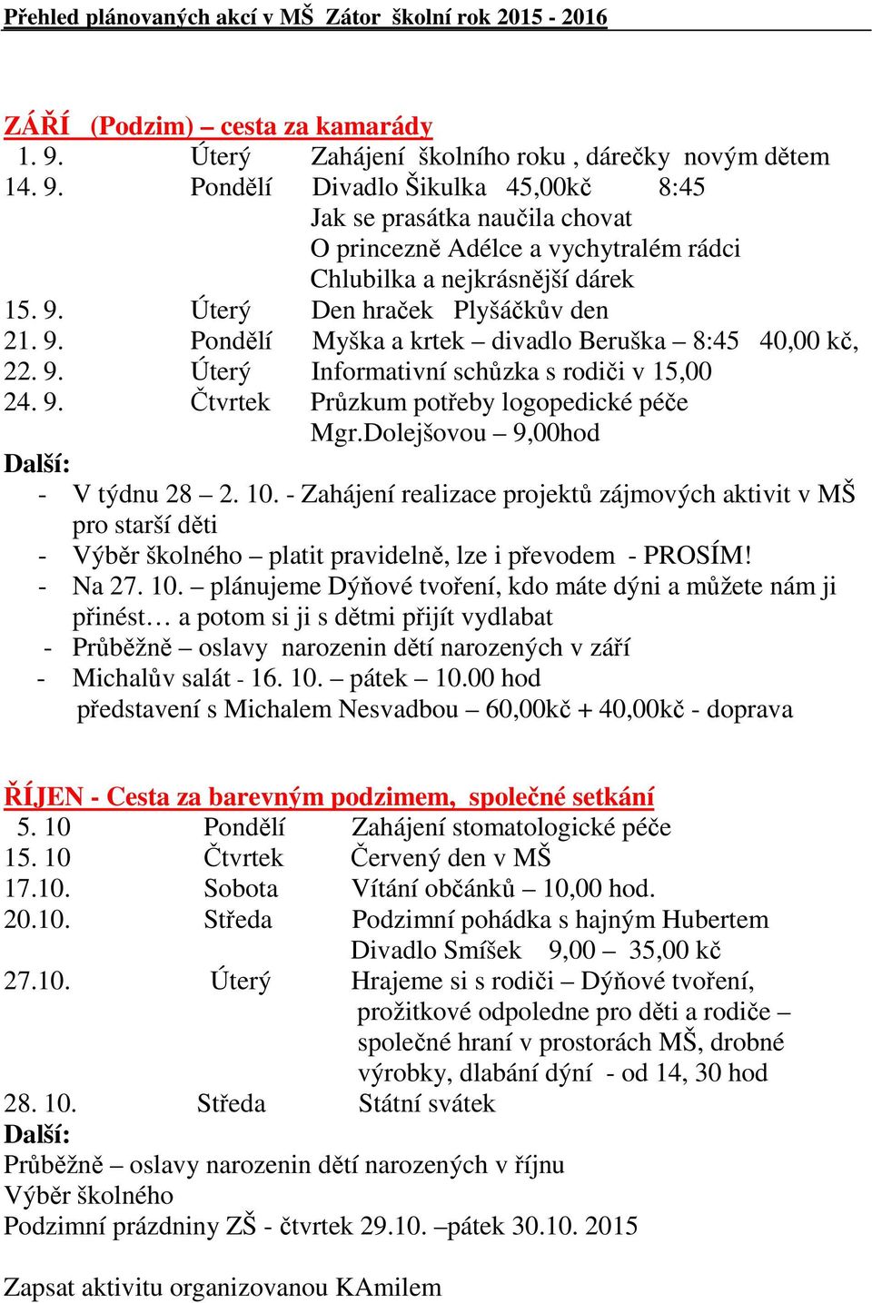 9. Úterý Den hraček Plyšáčkův den 21. 9. Pondělí Myška a krtek divadlo Beruška 8:45 40,00 kč, 22. 9. Úterý Informativní schůzka s rodiči v 15,00 24. 9. Čtvrtek Průzkum potřeby logopedické péče Mgr.