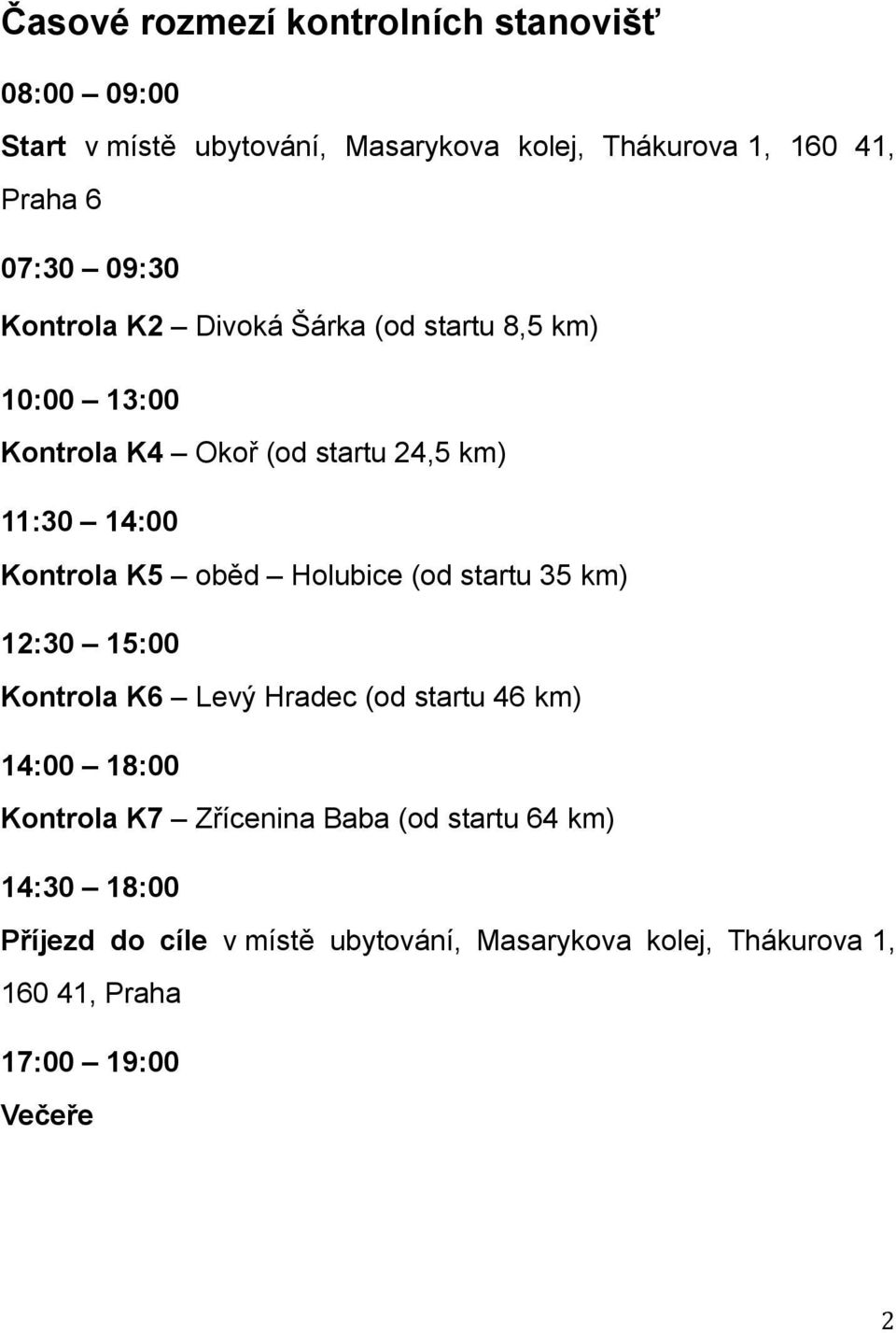 oběd Holubice (od startu 35 km) 12:30 15:00 Kontrola K6 Levý Hradec (od startu 46 km) 14:00 18:00 Kontrola K7 Zřícenina Baba