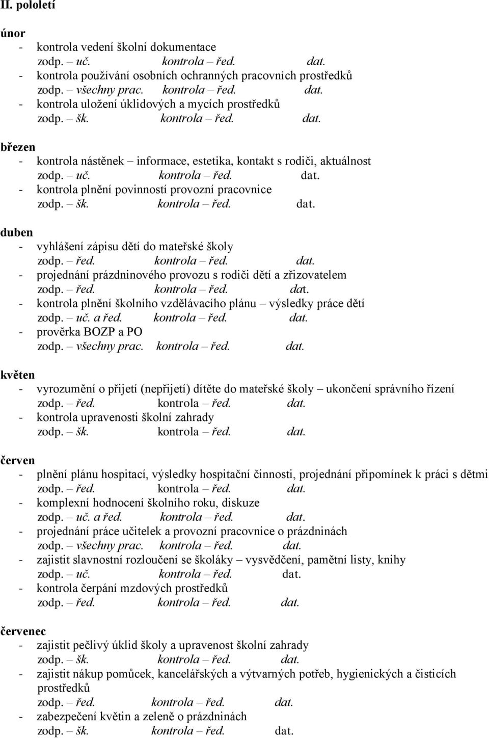 řed. kntrla řed. dat. - prjednání prázdninvéh prvzu s rdiči dětí a zřizvatelem zdp. řed. kntrla řed. dat. - kntrla plnění šklníh vzdělávacíh plánu výsledky práce dětí zdp. uč. a řed. kntrla řed. dat. - prvěrka BOZP a PO zdp.