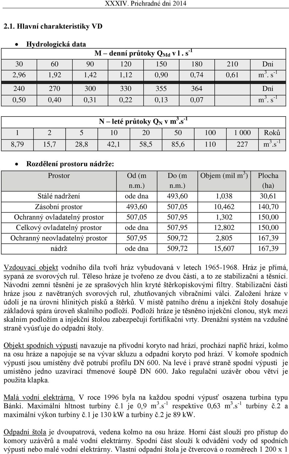 s -1 Rozdělení prostoru nádrže: Prostor Od (m 