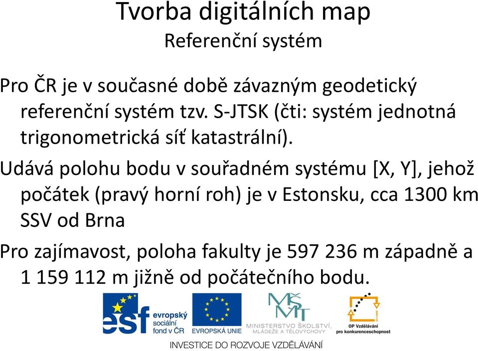 Udává polohu bodu v souřadném systému [X, Y], jehož počátek (pravý horní roh) je v Estonsku,