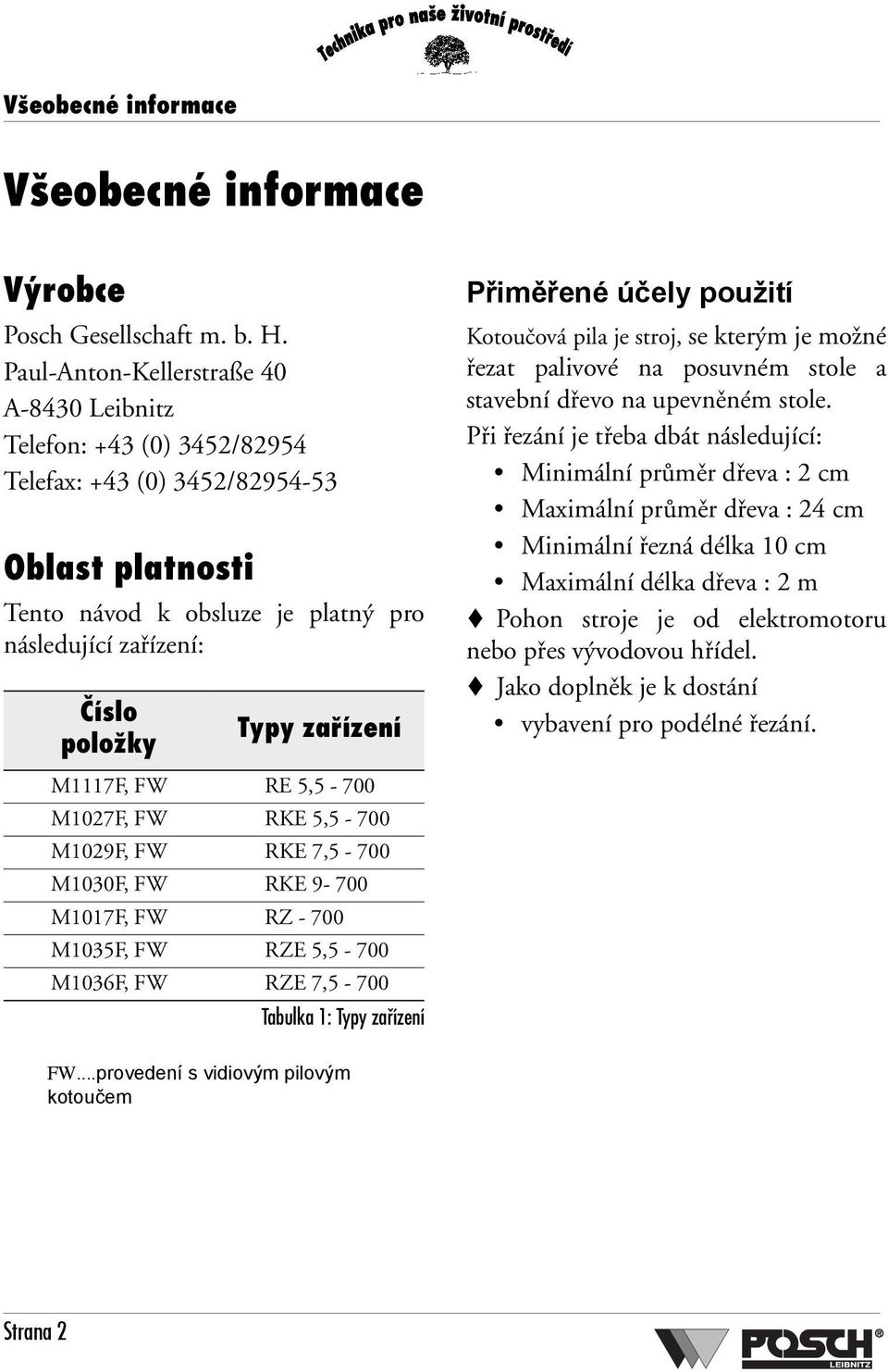 zařízení M1117F, FW RE 5,5-700 M1027F, FW RKE 5,5-700 M1029F, FW RKE 7,5-700 M1030F, FW RKE 9-700 M1017F, FW RZ - 700 M1035F, FW RZE 5,5-700 M1036F, FW RZE 7,5-700 Tabulka 1: Typy zařízení Přiměřené