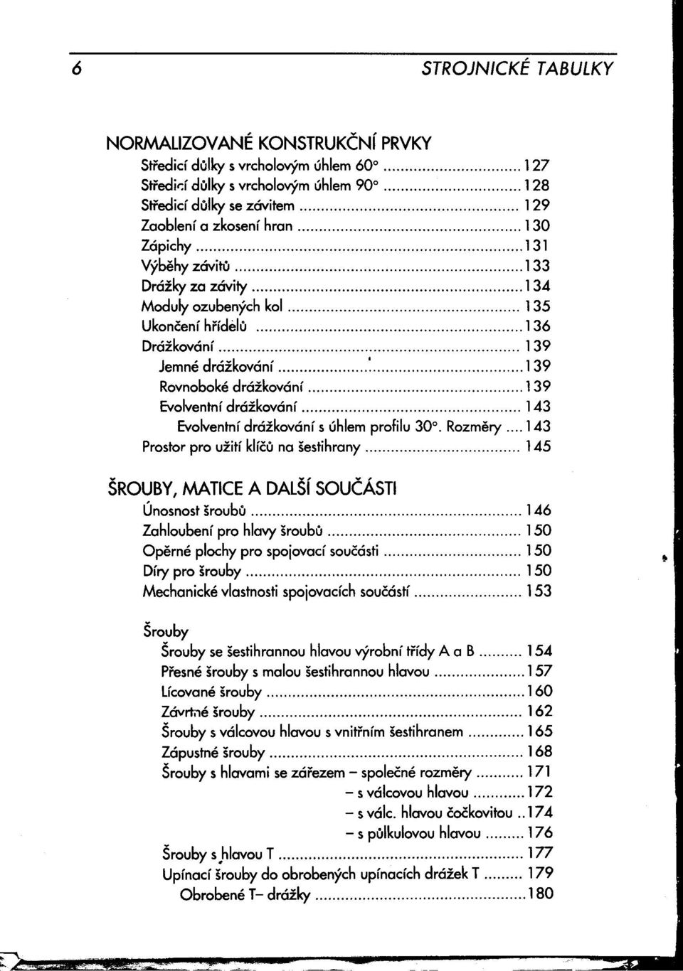 drážkování 139 Evolventní drážkování 143 Evolventní drážkování s úhlem profilu 30 Rozmery 143 Prostor pro užití klíču na šestihrany 145 ŠROUBY MATCE A DALŠí SOUČÁST Únosnostšroubu 146 Zahloubenípro