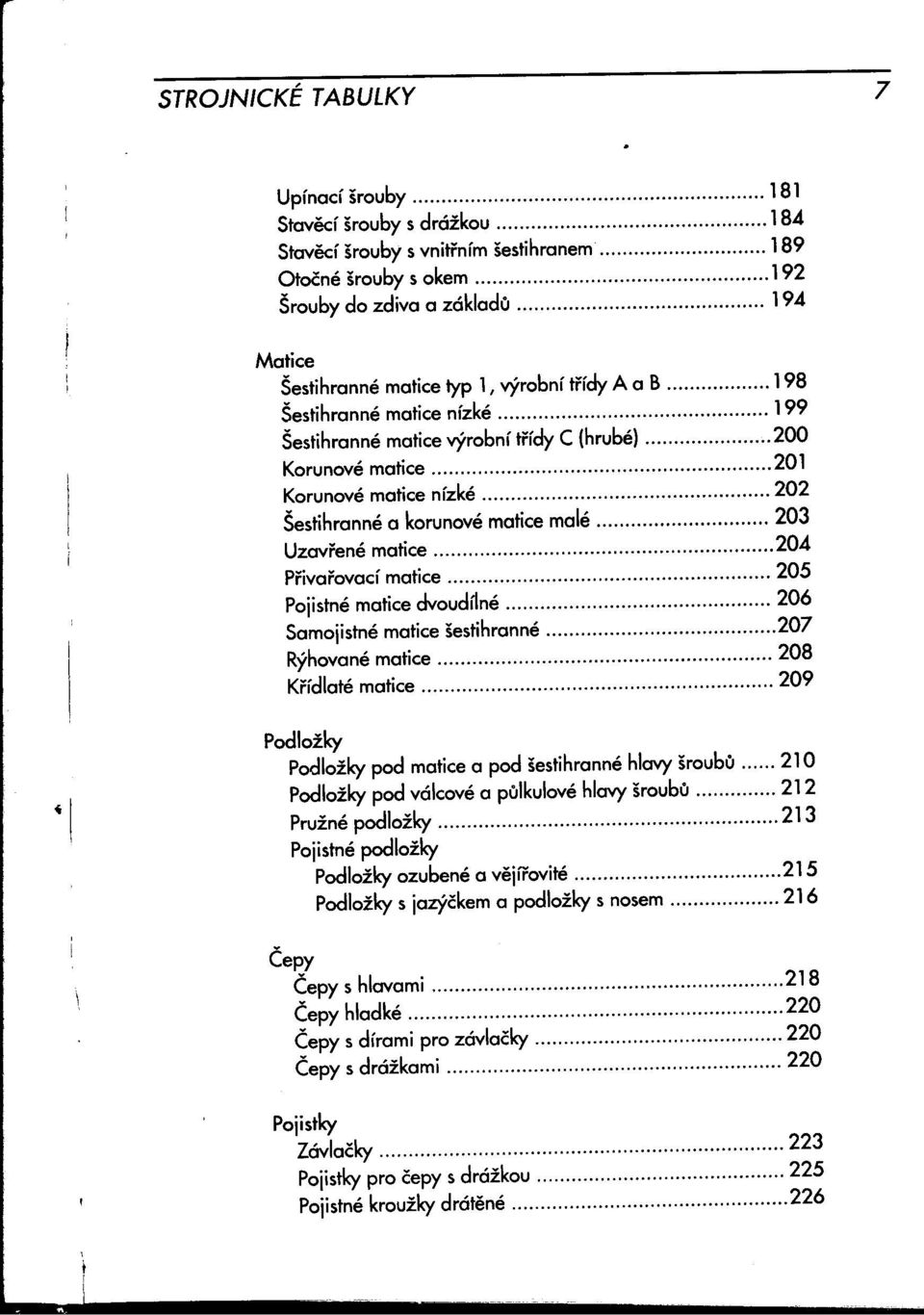 Pi'ivai'ovacímatice 205 Pojistnématicedvoud~né " 206 Samojistnématicešestihranné 207 Rýhovanématice 208 Ki'ídlatématice " " " 209 Podložky Podložky pod matice a pod šestihranné hlavy šroubú 210 1