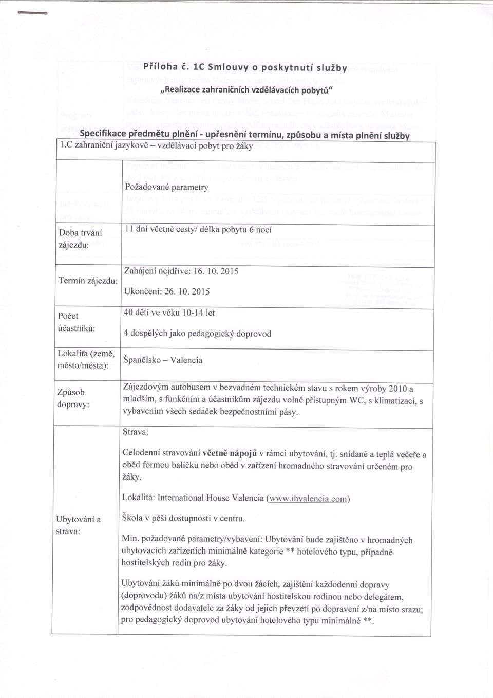 Zptsob dopravy: Zahiljeni nejdifve: 16. 10.2015 Ukondeni:26. 10. 20rs 40 ddtf ve veku 10-14 let 4 dospdl;ich jako pedagogicky doprovod SpanElsko - Valencia Z6jezdovymautobusemvbezltadnemtechnick6mstavus.