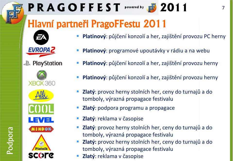 turnajů a do tomboly, výrazná propagace festivalu Zlatý: podpora programu a propagace Zlatý: reklama v časopise Zlatý: provoz herny stolních her, ceny do