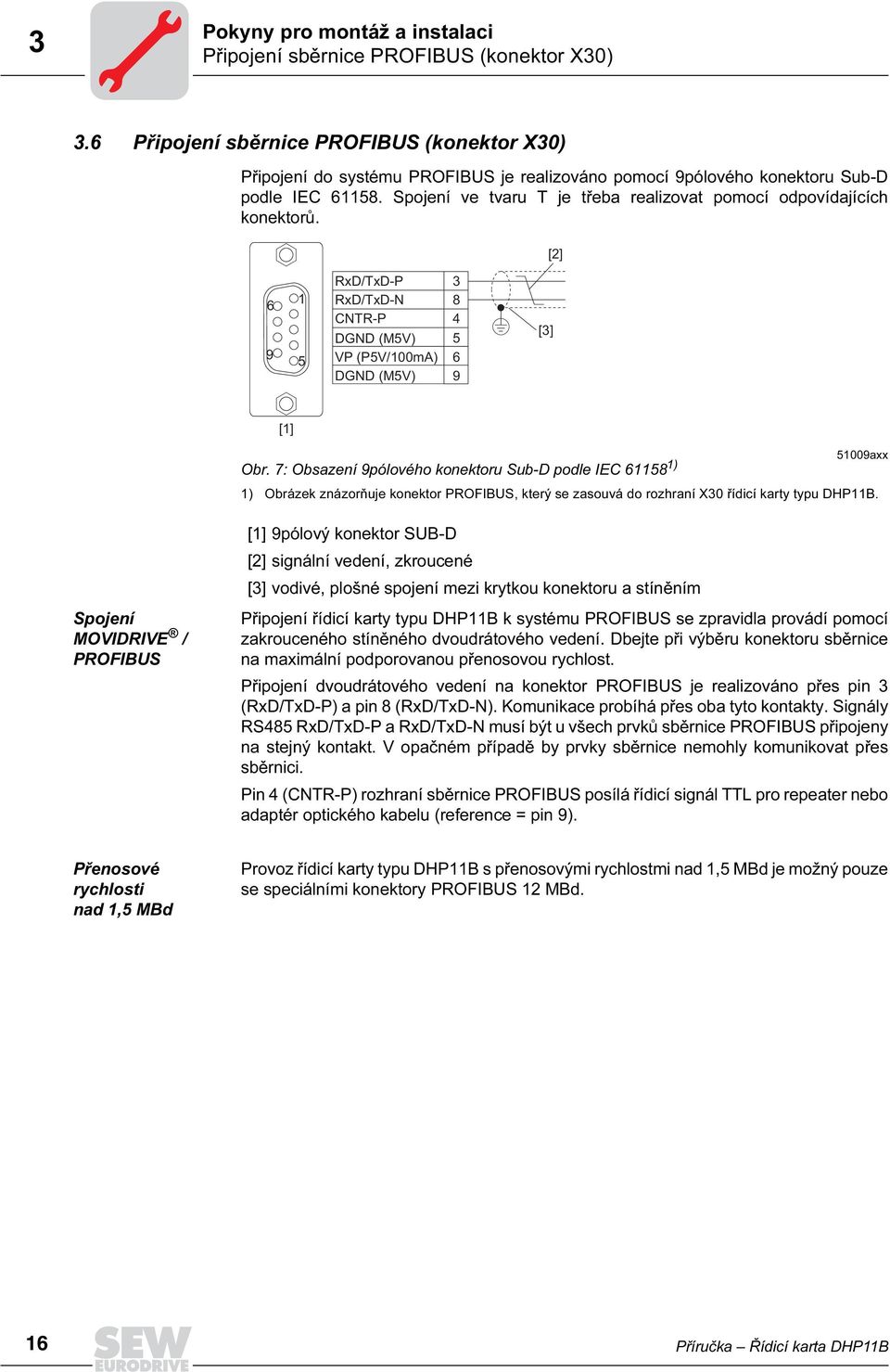 Spojení ve tvaru T je třeba realizovat pomocí odpovídajících konektorů. [2] 6 9 1 5 RxD/TxD-P 3 RxD/TxD-N 8 CNTR-P 4 DGND (M5V) 5 VP (P5V/1mA) 6 DGND (M5V) 9 [3] [1] Obr.