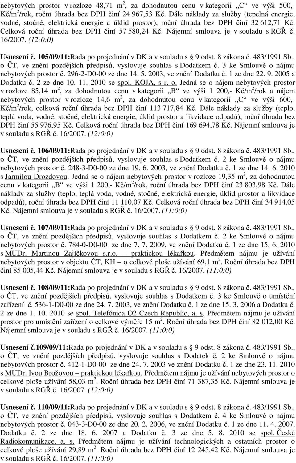 Nájemní smlouva je v souladu s RGŘ č. 16/2007. (12:0:0) Usnesení č. 105/09/11:Rada po projednání v DK a v souladu s 9 odst. 8 zákona č. 483/1991 Sb.