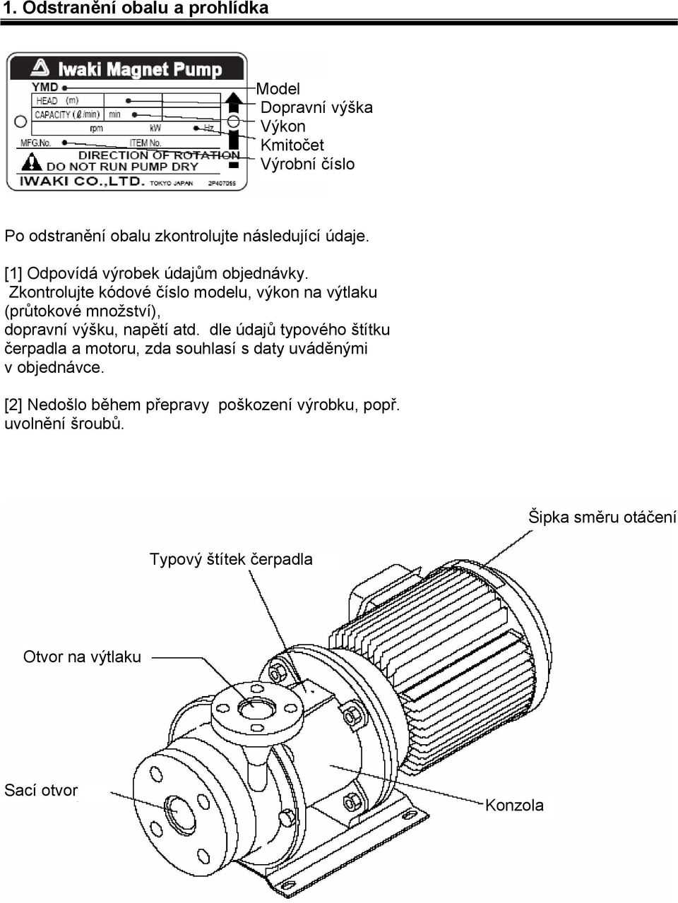 Zkontrolujte kódové číslo modelu, výkon na výtlaku (průtokové množství), dopravní výšku, napětí atd.