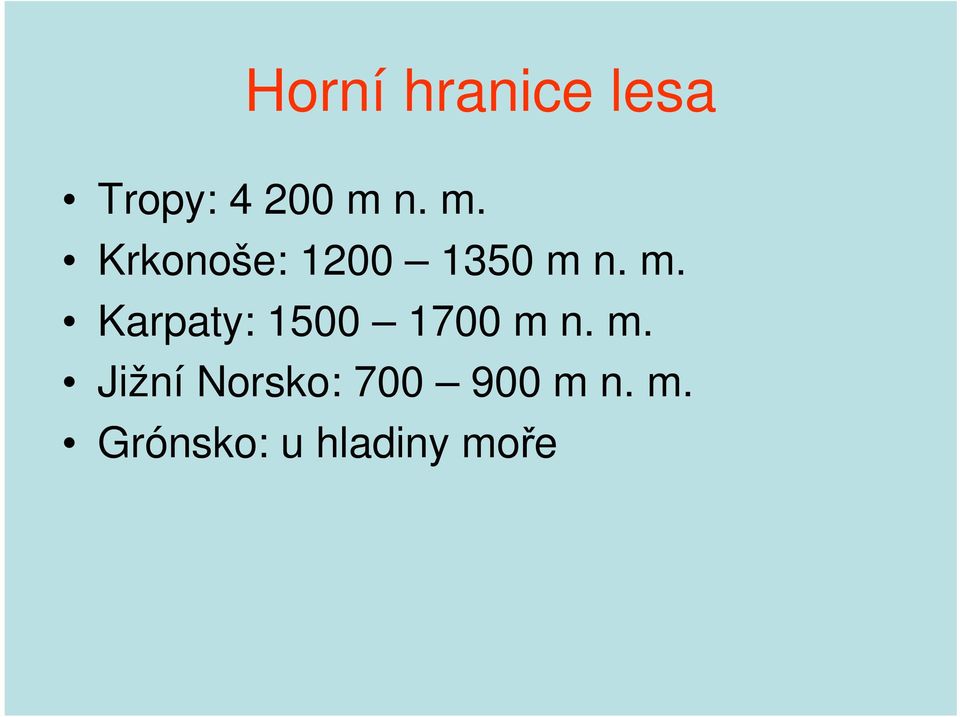 n. m. Karpaty: 1500 1700 m n. m. Jižní Norsko: 700 900 m n.