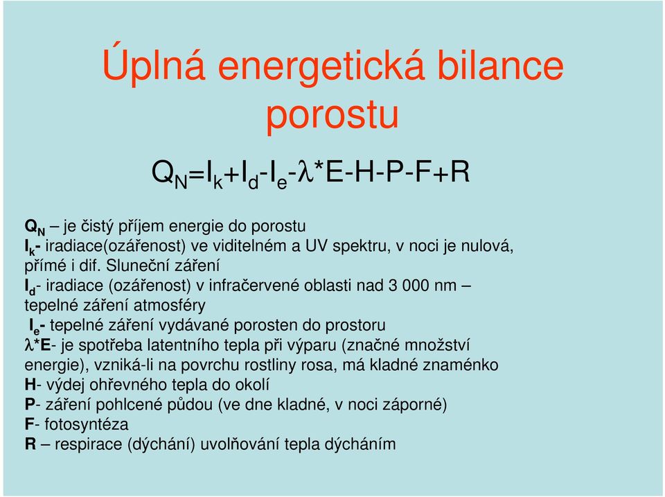 Sluneční záření I d - iradiace (ozářenost) v infračervené oblasti nad 3 000 nm tepelné záření atmosféry I e - tepelné záření vydávané porosten do prostoru