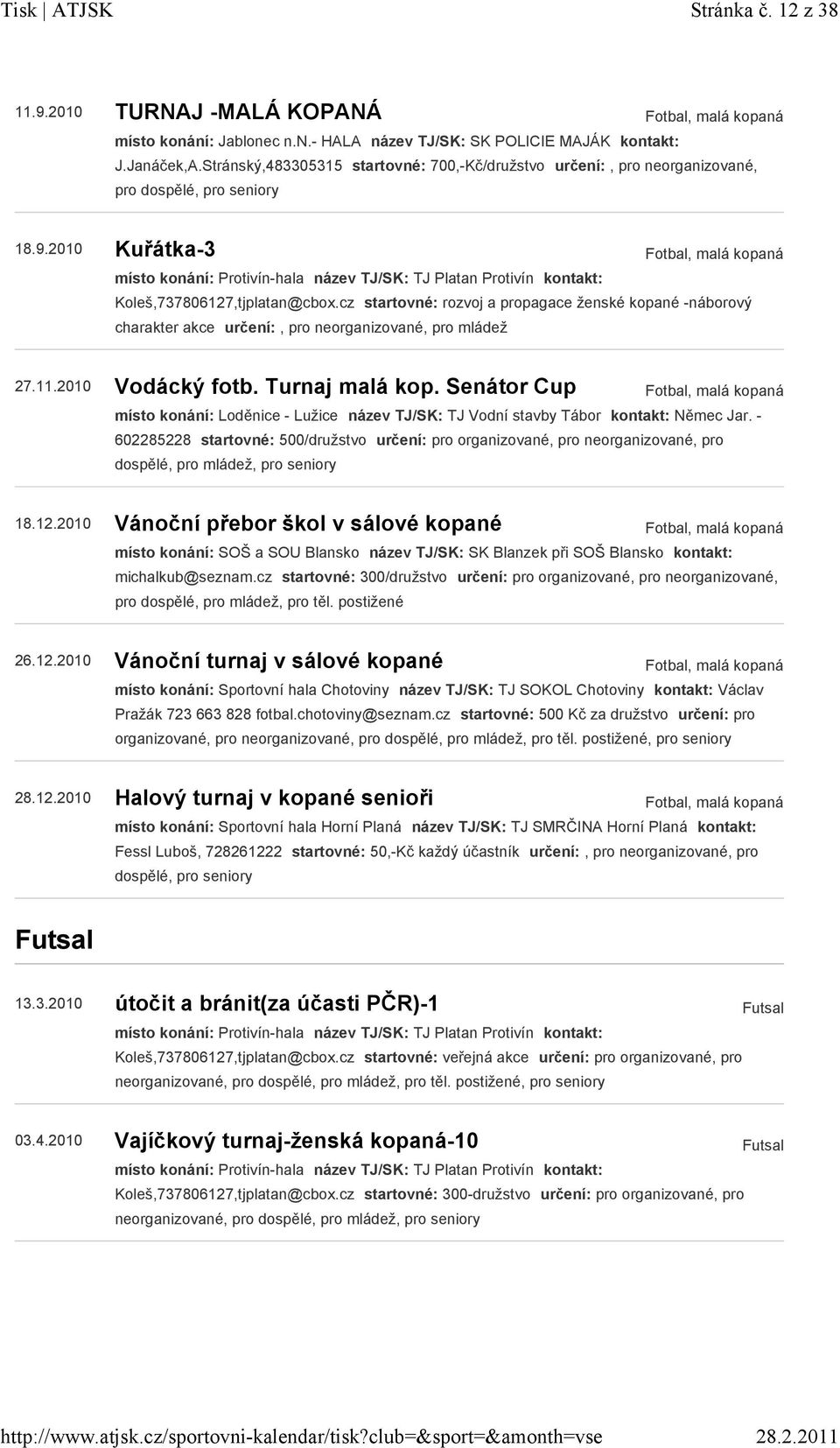 2010 Kuřátka-3 místo konání: Protivín-hala název TJ/SK: TJ Platan Protivín kontakt: Koleš,737806127,tjplatan@cbox.