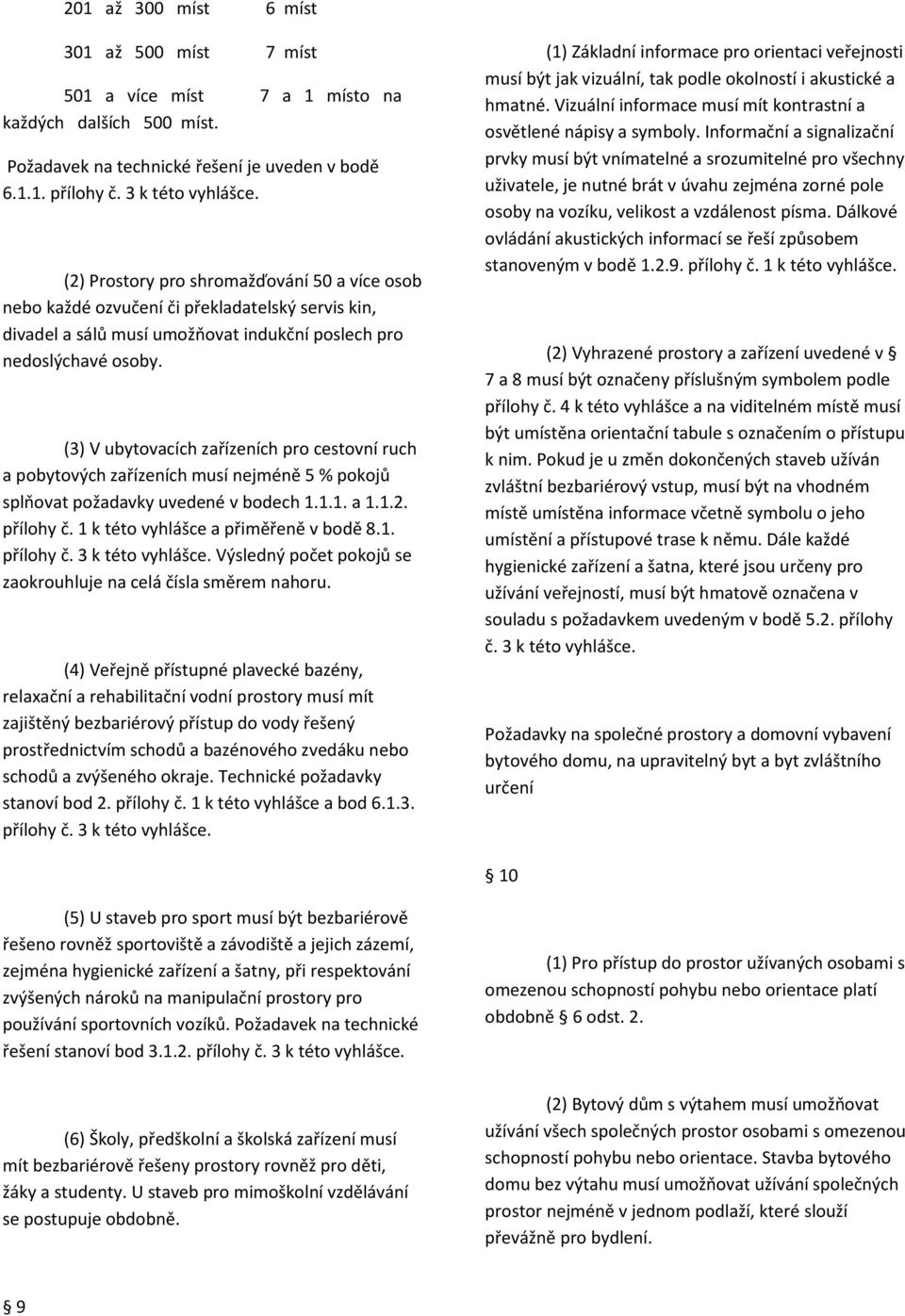 (3) V ubytovacích zařízeních pro cestovní ruch a pobytových zařízeních musí nejméně 5 % pokojů splňovat požadavky uvedené v bodech 1.1.1. a 1.1.2. přílohy č. 1 k této vyhlášce a přiměřeně v bodě 8.1. přílohy č. 3 k této vyhlášce.