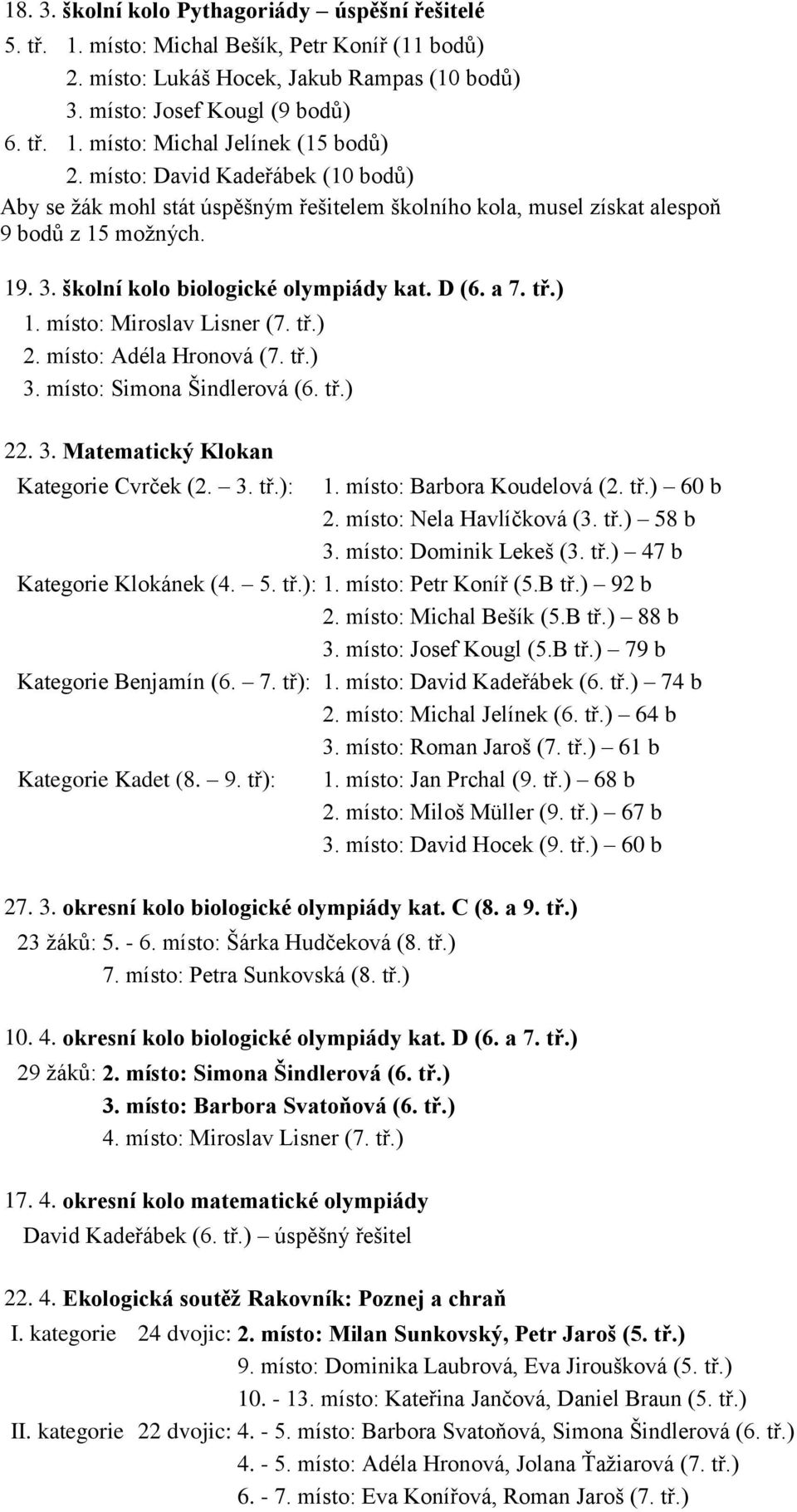 místo: Miroslav Lisner (7. tř.) 2. místo: Adéla Hronová (7. tř.) 3. místo: Simona Šindlerová (6. tř.) 22. 3. Matematický Klokan Kategorie Cvrček (2. 3. tř.): 1. místo: Barbora Koudelová (2. tř.) 60 b 2.