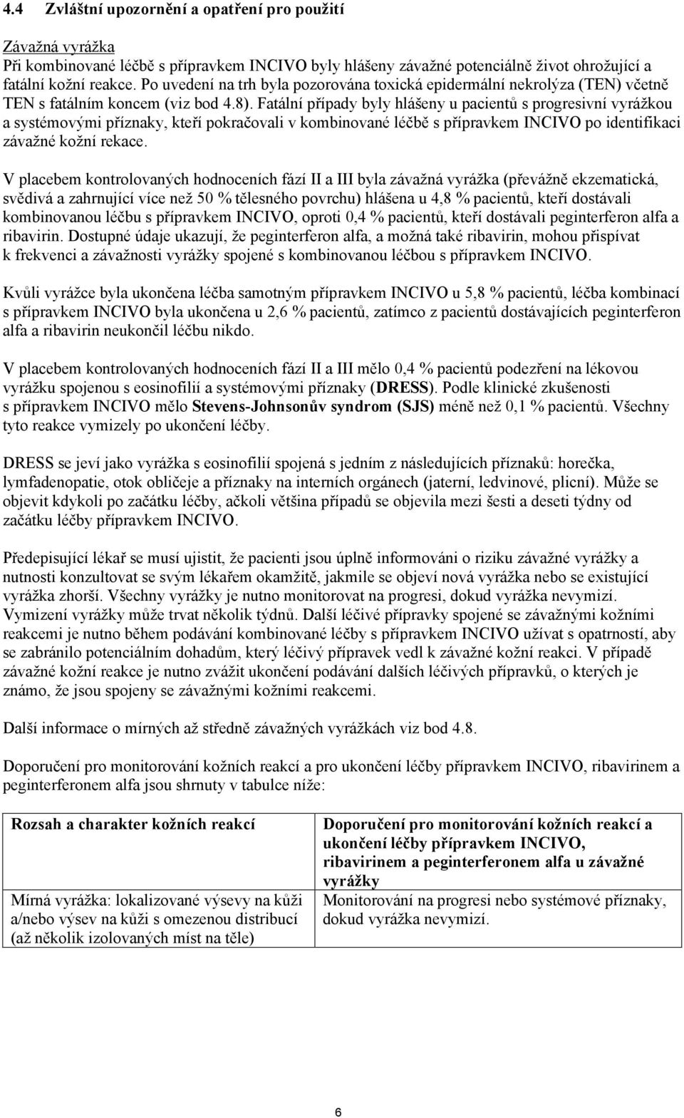 Fatální případy byly hlášeny u pacientů s progresivní vyrážkou a systémovými příznaky, kteří pokračovali v kombinované léčbě s přípravkem INCIVO po identifikaci závažné kožní rekace.