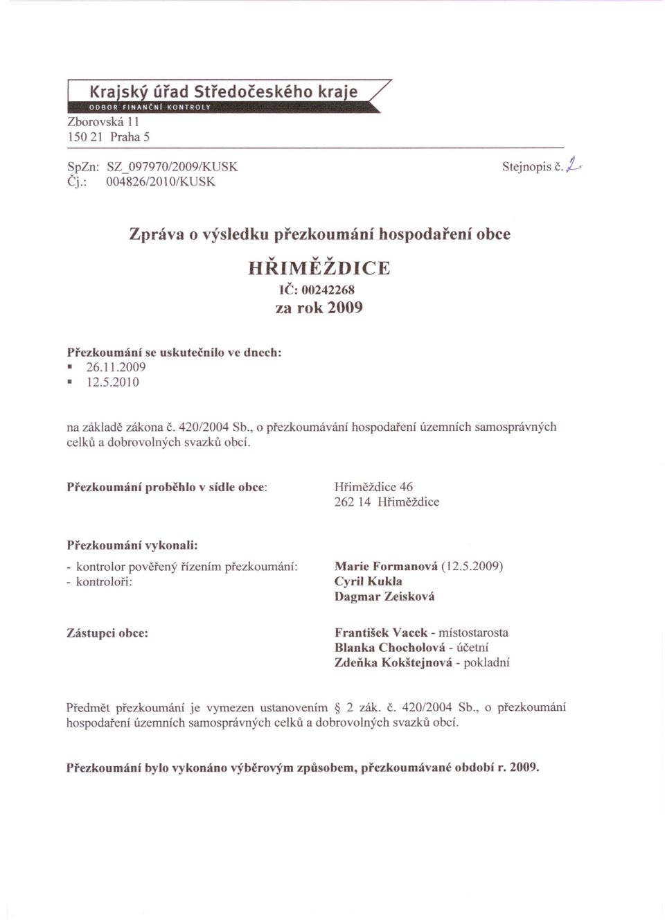 hospodaření územních samosprávných Přezkoumání proběhlo v sídle obce: Hřiměždice 46 262 14 Hřiměždice Přezkoumání vykonali: - kontrolor pověřený řízením přezkoumání: - kontroloři: Marie Formanová (12.