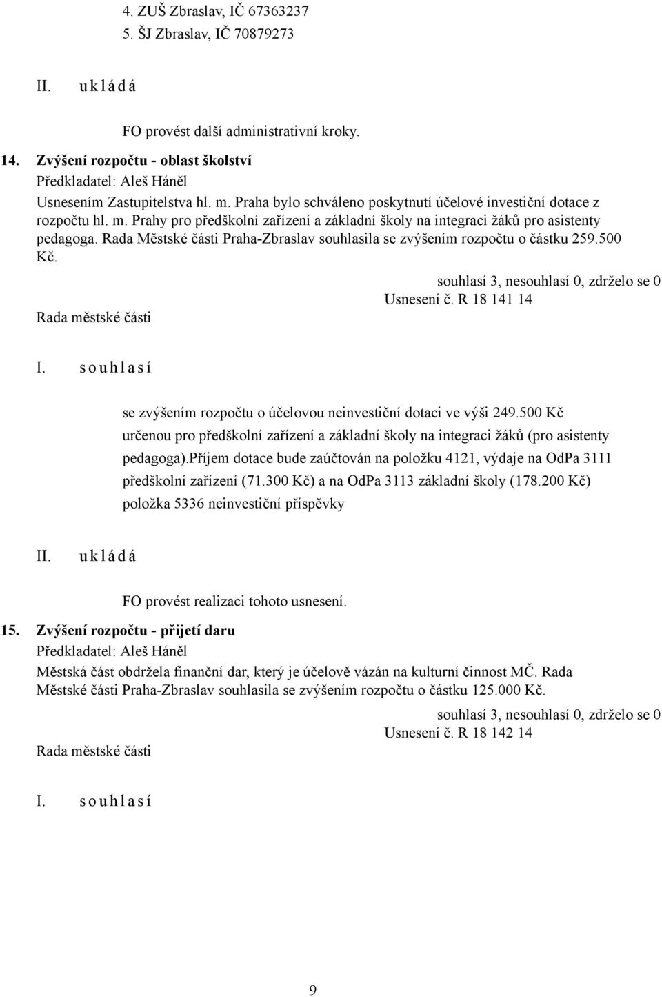 Rada Městské části Praha-Zbraslav souhlasila se zvýšením rozpočtu o částku 259.500 Kč. Usnesení č. R 18 141 14 se zvýšením rozpočtu o účelovou neinvestiční dotaci ve výši 249.