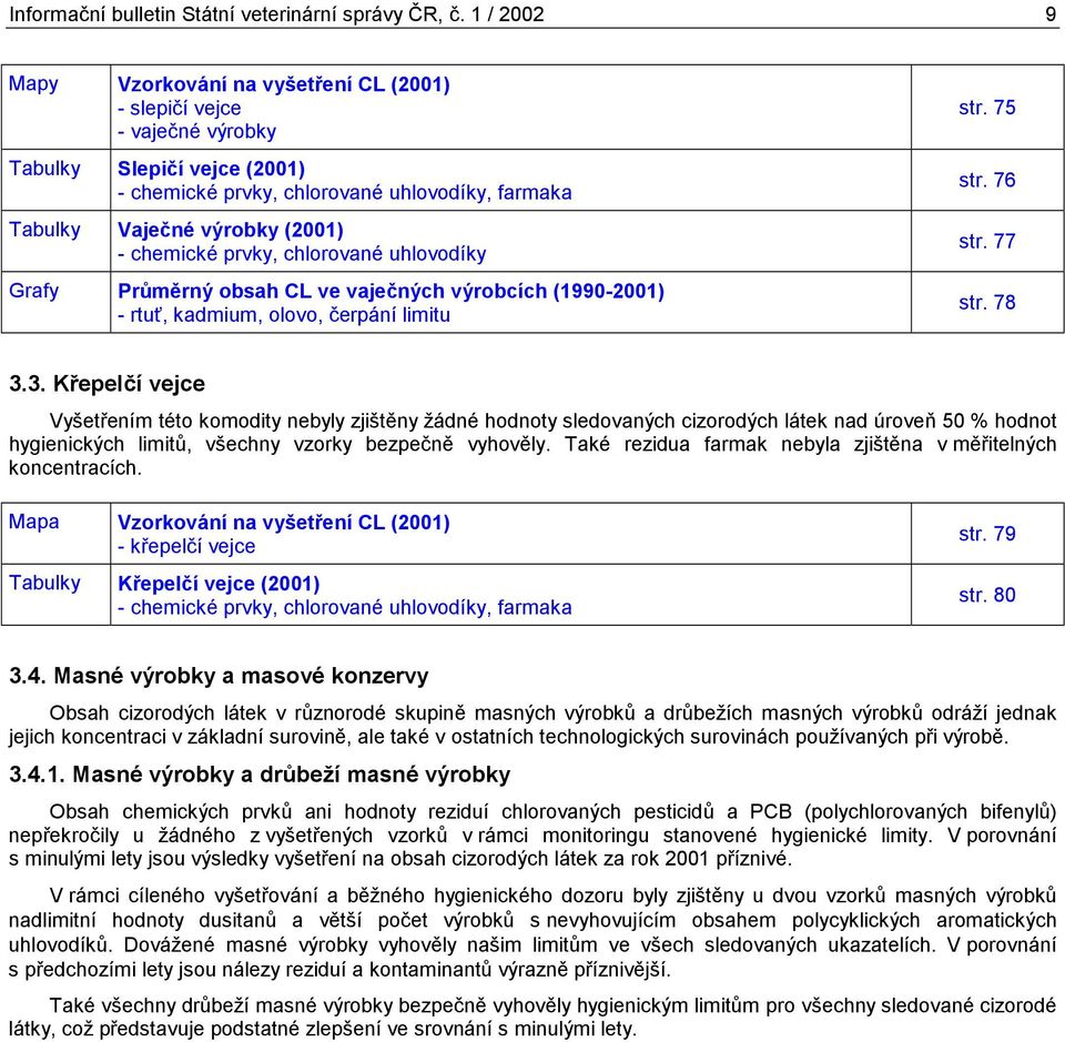 chemické prvky, chlorované uhlovodíky Grafy Průměrný obsah CL ve vaječných výrobcích (1990-2001) - rtuť, kadmium, olovo, čerpání limitu str. 75 str. 76 str. 77 str. 78 3.