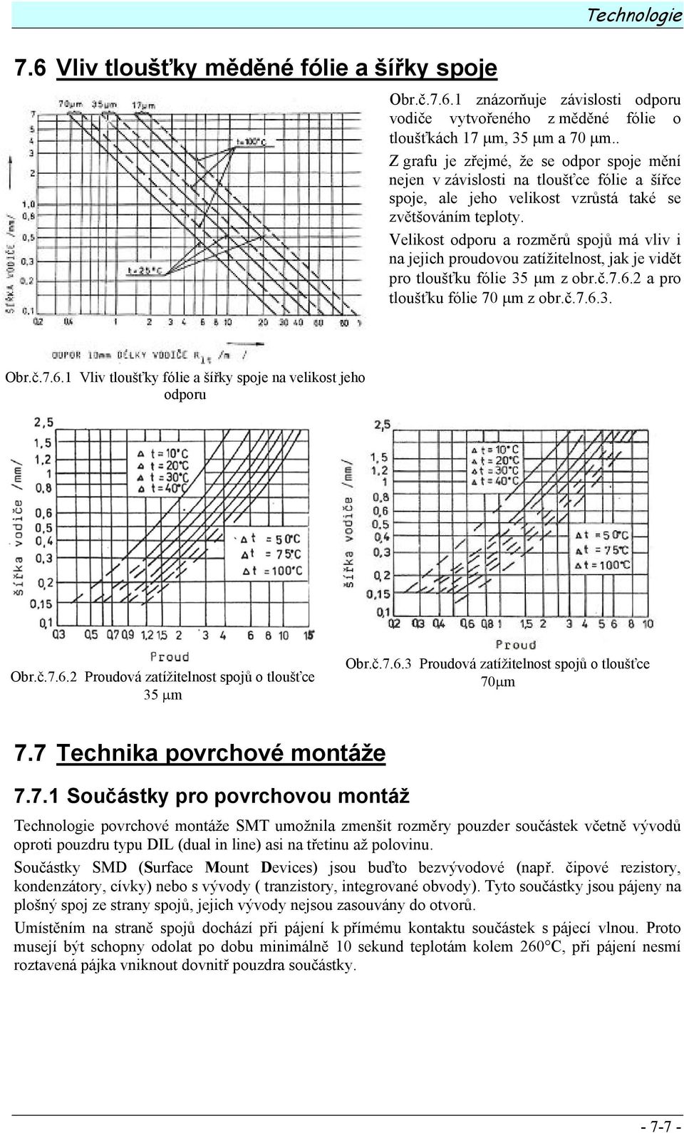 Velikost odporu a rozměrů spojů má vliv i na jejich proudovou zatížitelnost, jak je vidět pro tloušťku fólie 35 µm z obr.č.7.6.2 a pro tloušťku fólie 70 µm z obr.č.7.6.3. Obr.č.7.6.1 Vliv tloušťky fólie a šířky spoje na velikost jeho odporu Obr.