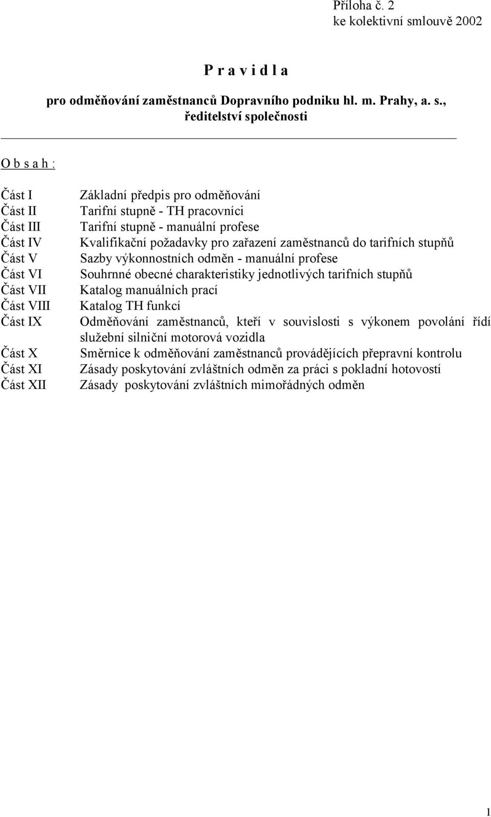 , ředitelství společnosti O b s a h : Část I Část II Část III Část IV Část V Část VI Část VII Část VIII Část IX Část X Část XI Část XII Základní předpis pro odměňování Tarifní stupně - TH pracovníci