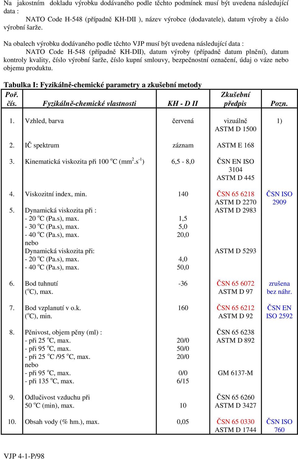 šarže, číslo kupní smlouvy, bezpečnostní označení, údaj o váze objemu produktu. Tabulka I: Fyzikálně-chemické parametry a zkušební metody Poř. Zkušební čís.