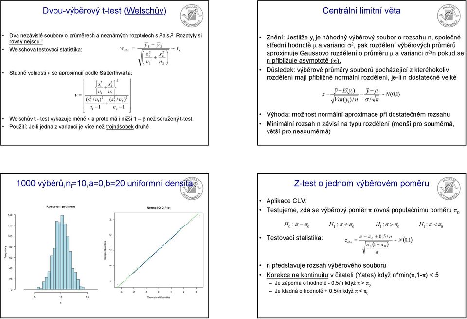 Použtí: Je-l jeda z varací je více ež trojásobek druhé Zěí: Jestlže y je áhodý výběrový soubor o rozsahu, společé středí hodotě µ a varac, pak rozděleí výběrových průměrů aproxmuje Gaussovo rozděleí