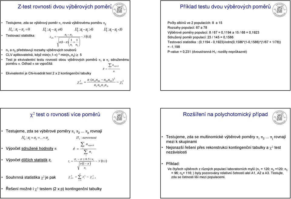 Odhad π se vypočítá: uspech πˆ Ekvvaletí je Ch-kvadrát test x kotgečí tabulky χ.. (.