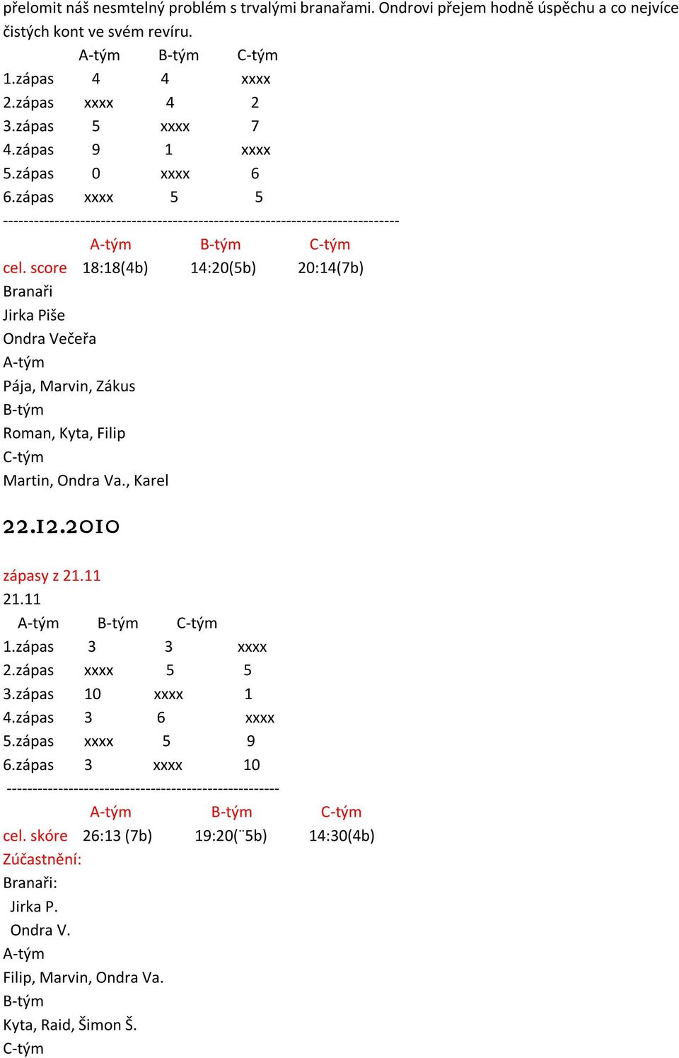 score 18:18(4b) 14:20(5b) 20:14(7b) Branaři Jirka Piše Ondra Večeřa A-tým Pája, Marvin, Zákus B-tým Roman, Kyta, Filip C-tým Martin, Ondra Va., Karel 22.12.2010 zápasy z 21.11 21.11 1.