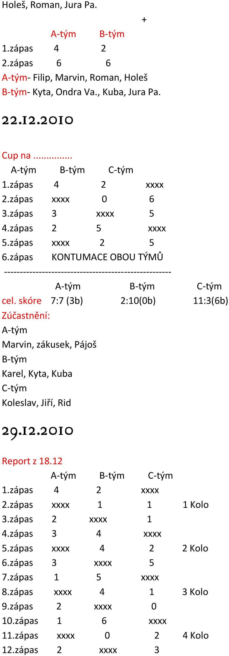 skóre 7:7 (3b) 2:10(0b) 11:3(6b) Zúčastnění: A-tým Marvin, zákusek, Pájoš B-tým Karel, Kyta, Kuba C-tým Koleslav, Jiří, Rid 29.12.2010 Report z 18.12 1.zápas 4 2 xxxx 2.