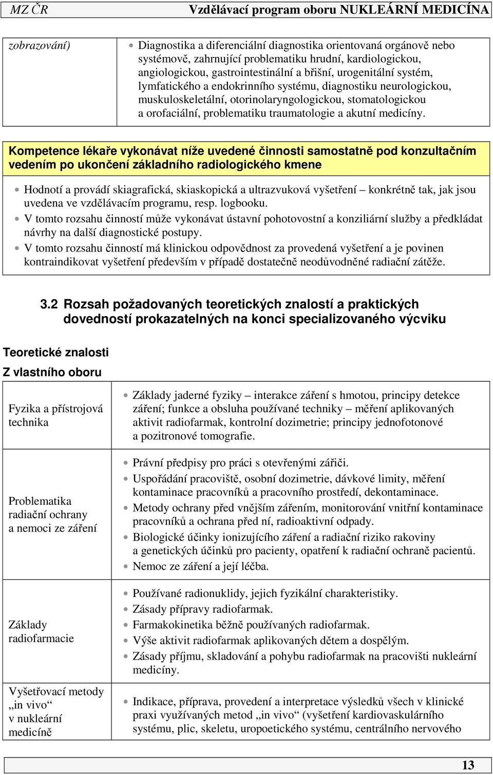 Kompetence lékaře vykonávat níže uvedené činnosti samostatně pod konzultačním vedením po ukončení základního radiologického kmene Hodnotí a provádí skiagrafická, skiaskopická a ultrazvuková vyšetření