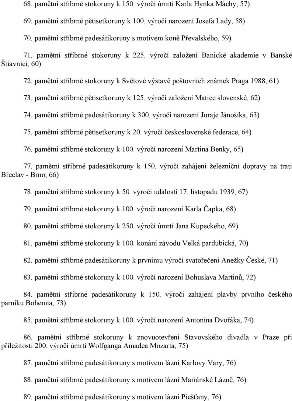 pamětní stříbrné stokoruny k Světové výstavě poštovních známek Praga 1988, 61) 73. pamětní stříbrné pětisetkoruny k 125. výročí založení Matice slovenské, 62) 74.