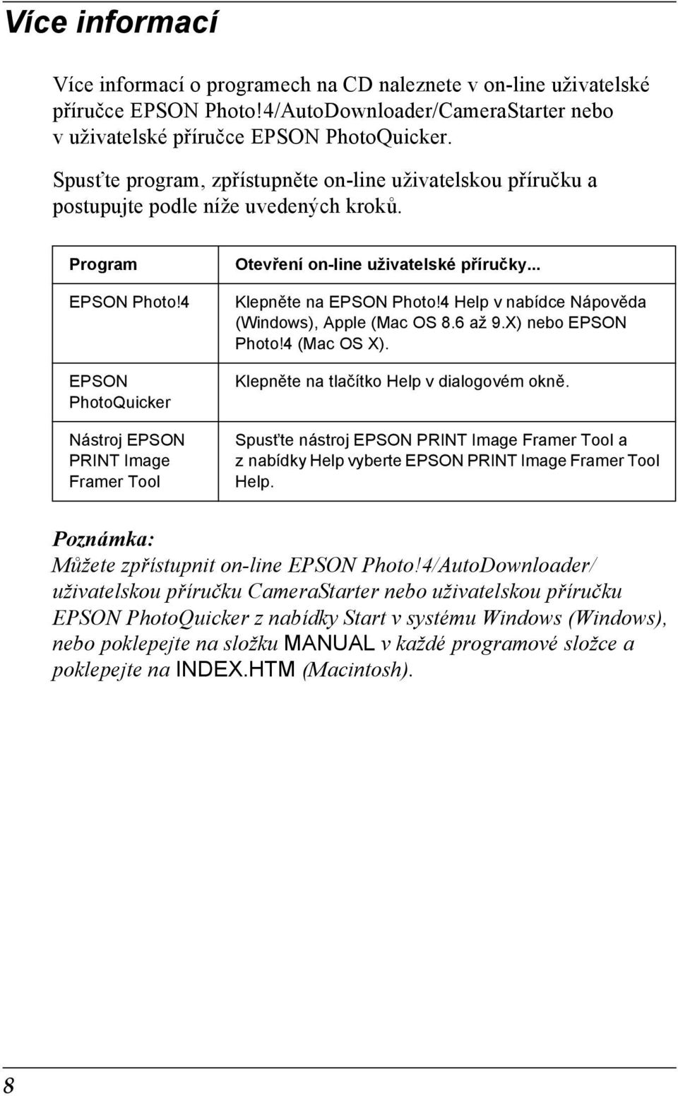 4 EPSON PhotoQuicker Nástroj EPSON PRINT Image Framer Tool Otevření on-line uživatelské příručky... Klepněte na EPSON Photo!4 Help v nabídce Nápověda (Windows), Apple (Mac OS 8.6 až 9.