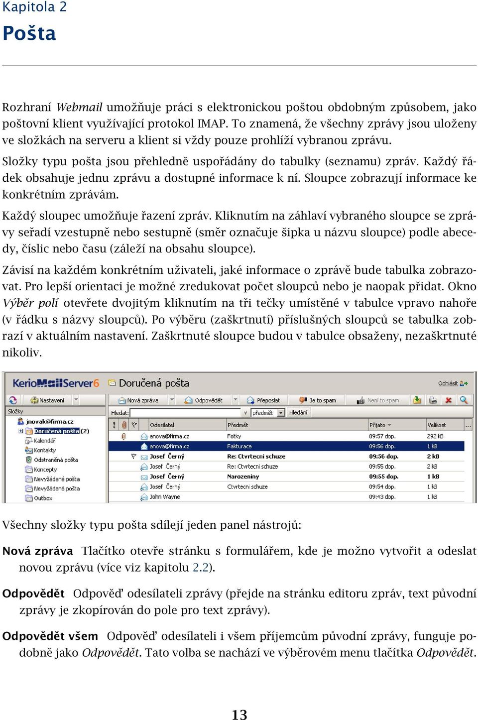 Každý řádek obsahuje jednu zprávu a dostupné informace k ní. Sloupce zobrazují informace ke konkrétním zprávám. Každý sloupec umožňuje řazení zpráv.