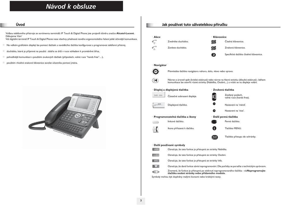 Na velkém grafickém displeji lze pomocí tlaèítek a navádìcího tlaèítka konfigurovat a programovat telefonní pøístroj, Akce Zvednìte sluchátko. Zavìste sluchátko. Klávesnice Èíselná klávesnice.