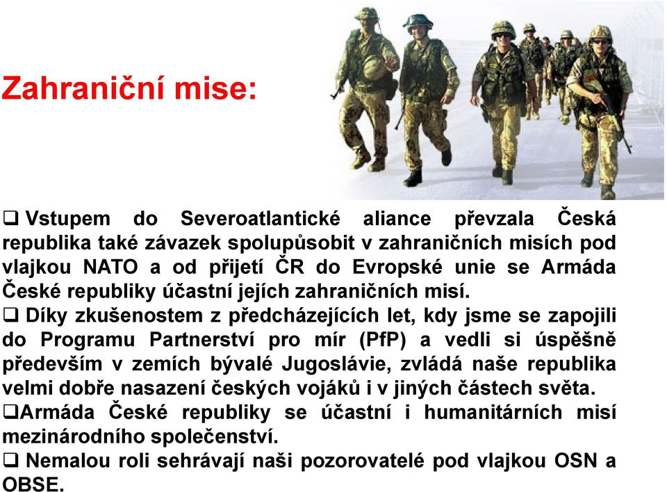 Díky zkušenostem z předcházejících let, kdy jsme se zapojili do Programu Partnerství pro mír (PfP) a vedli si úspěšně především v zemích bývalé Jugoslávie,