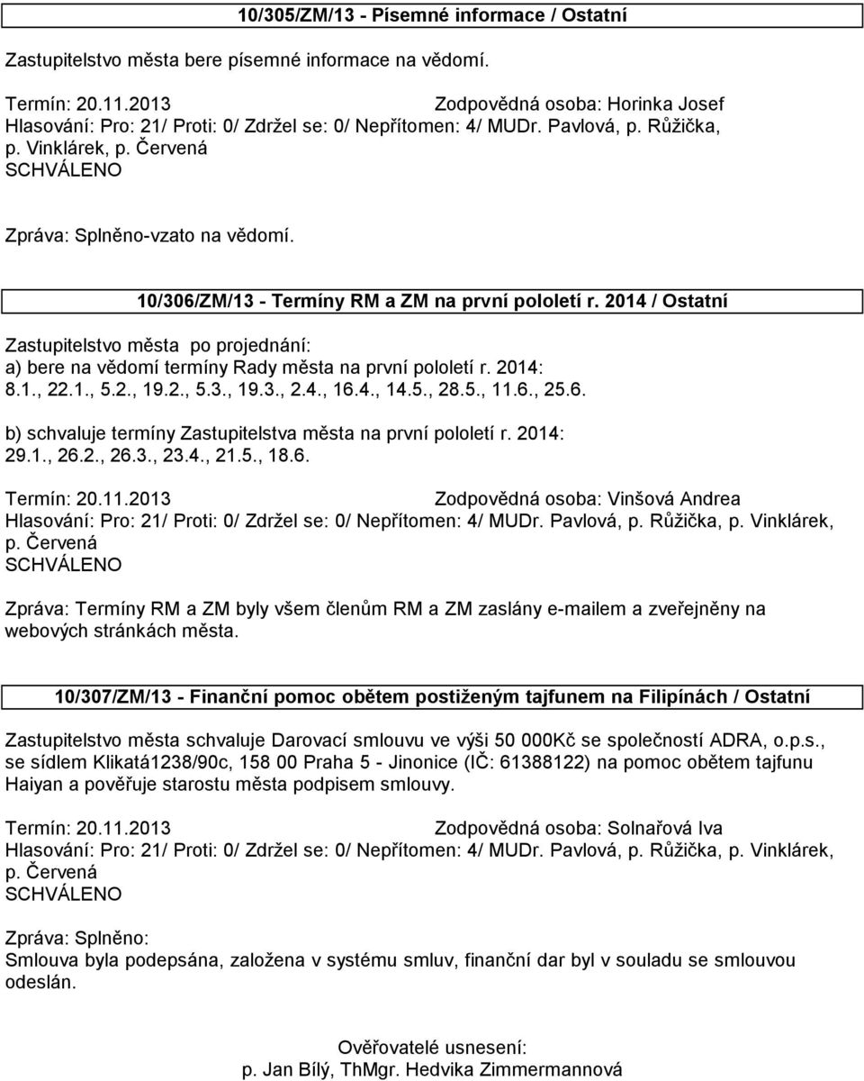 4., 14.5., 28.5., 11.6., 25.6. b) schvaluje termíny Zastupitelstva města na první pololetí r. 2014: 29.1., 26.2., 26.3., 23.4., 21.5., 18.6. Zodpovědná osoba: Vinšová Andrea Hlasování: Pro: 21/ Proti: 0/ Zdržel se: 0/ Nepřítomen: 4/ MUDr.