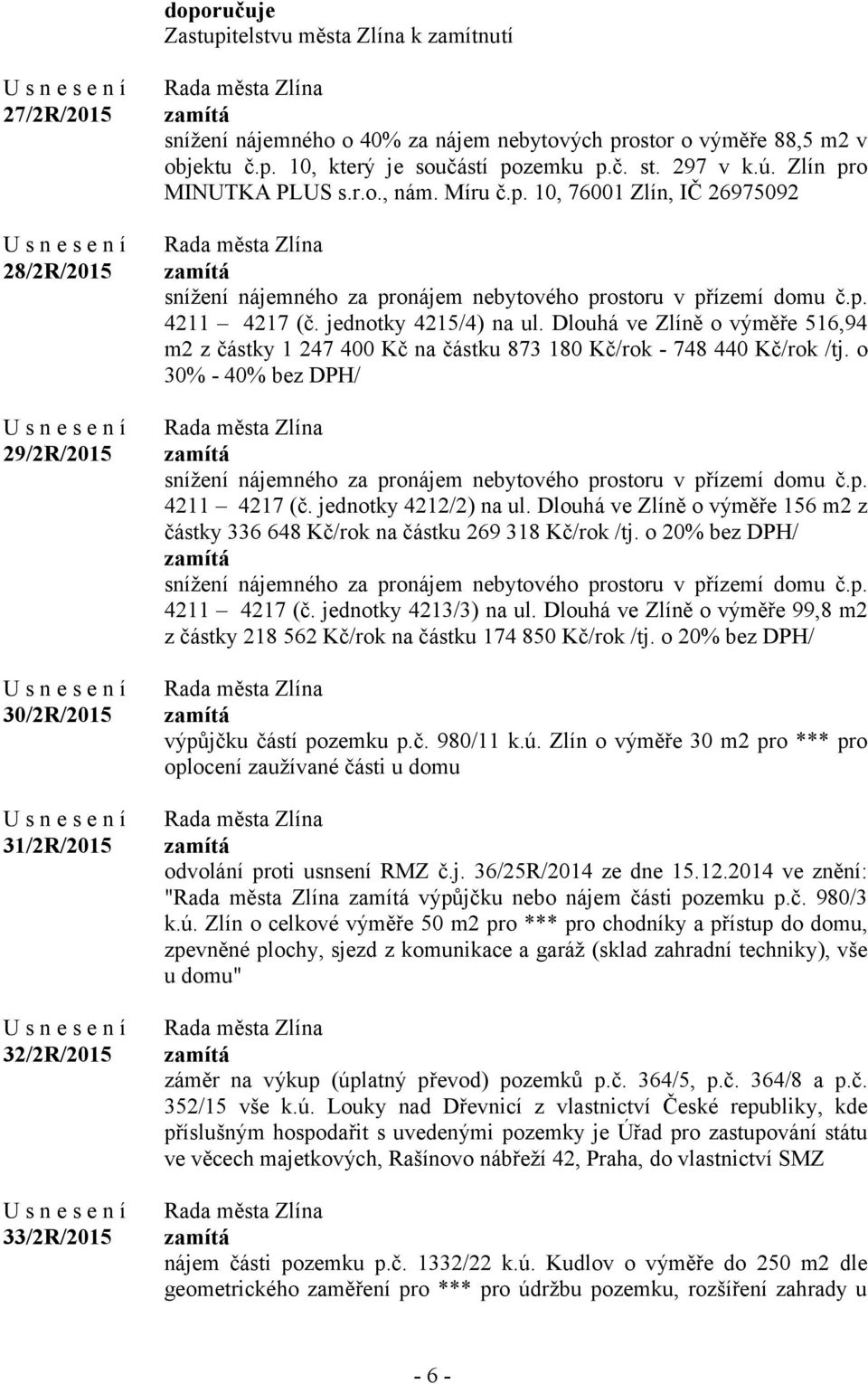 p. 4211 4217 (č. jednotky 4215/4) na ul. Dlouhá ve Zlíně o výměře 516,94 m2 z částky 1 247 400 Kč na částku 873 180 Kč/rok - 748 440 Kč/rok /tj.